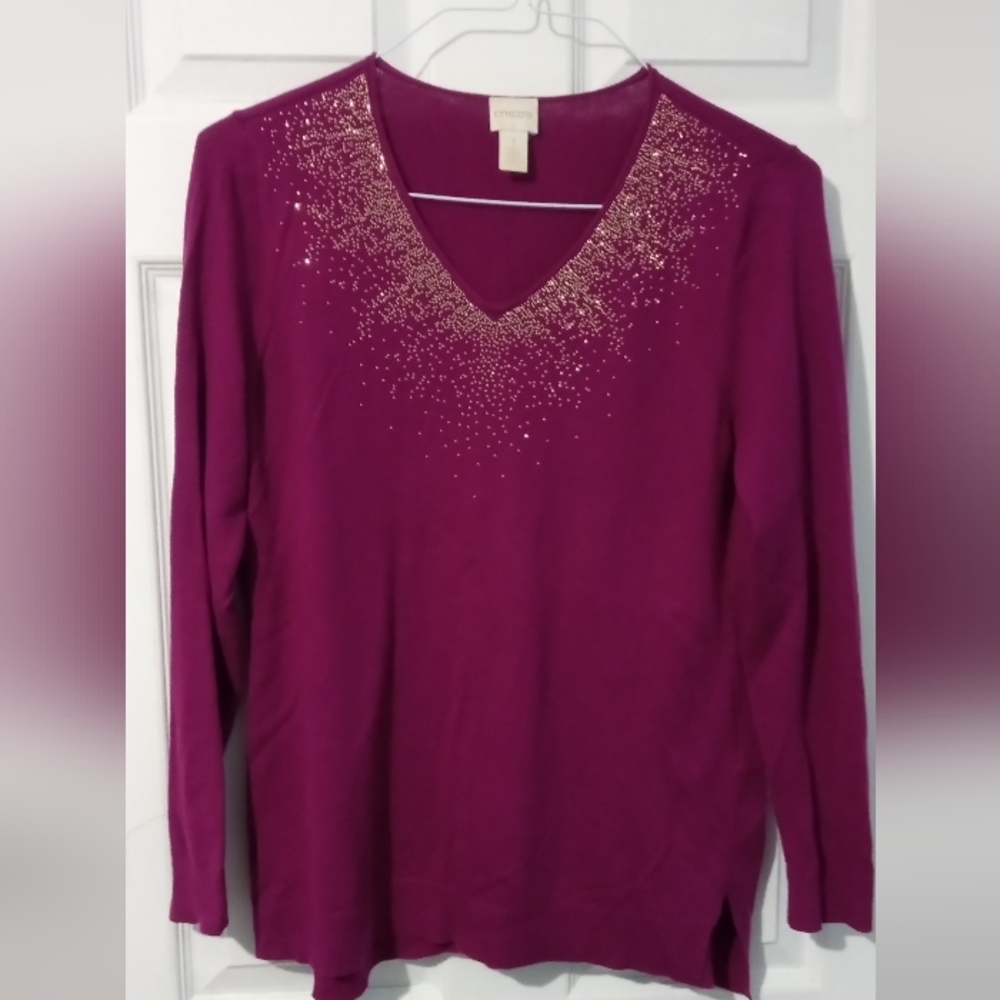 Chico's Magenta V-Neck Sweater with Gold Details